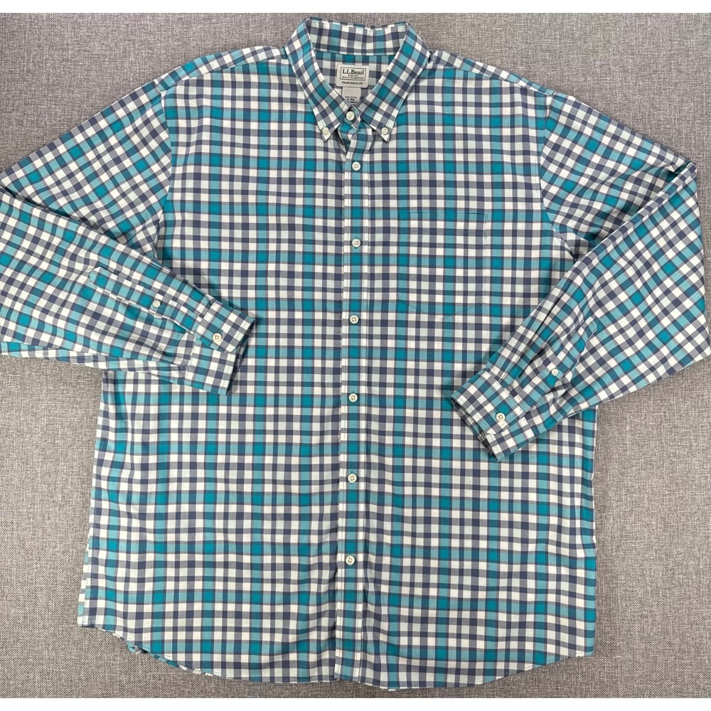 L.L. Bean Button Down Shirt Mens XL Teal Blue Plaid Traditional Fit Cotton Exc